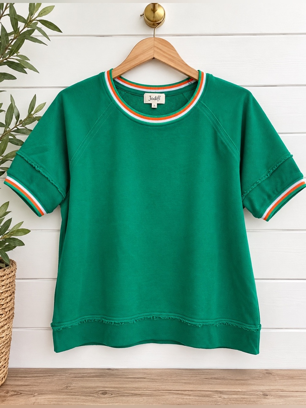 💚 Jodifl Green Short Sleeve Sweatshirt Top Striped Trim Large